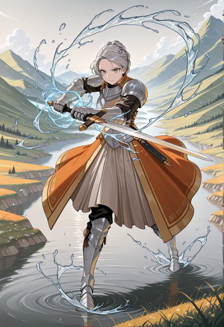 1girl, solo,  long hair, grey hair, gray eyes, single hair bun, braid, orange dress, armor, breastplate, pauldrons, greaves, gauntlets, holding sword, full body, fighting stance, outdoors, valley, casting spell, water magic <lora:chris_ligthfellow_illus:1>, masterpiece, best quality, amazing quality, very aesthetic, absurdres, highres, newest