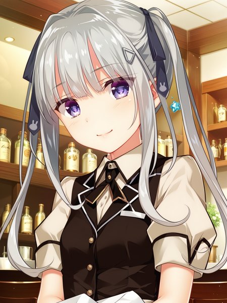 <lora:happy_tentacle-kuon-v0.2-000030:1>, ht_kuon, waitress, collar, black vest, miniskirt, dress shirt, collared shirt, hair ornament, hair ribbon, apron , indoors, 1girl, solo, portrait , , ( smile :1.1), , looking at viewer , , , score_9, score_8_up, score_7_up, score_6_up, score_5_up, score_4_up