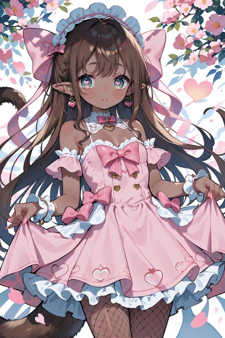 cotono, 1girl, bare shoulders, blush, bow, brown hair, dark-skinned female, dark skin, dress, earrings, eyebrows visible through hair, fishnet legwear, fishnets, heart, heart-shaped pupils, jewelry, long hair, looking at viewer, male focus, pink bow, pink dress, pointy ears, solo, tail, thighhighs, very long hair,  <lora:cotonobrite:0.7>
