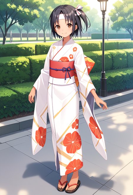 1girl, solo, park, full body, standing,  <lora:KC_02LC_nagara_pony-000024:1> nagarakc, black hair, short hair, one side up, brown eyes, headband,    nagarayukatakc, print_kimono, white kimono, wide sleeves, red obi, blue sash, sandals, hair ribbon, white ribbon, tan,, score_9,score_8_up, score_7_up, source_anime, masterpiece, best quality,  official art, official style, game cg, megami magazine, rating_safe, rating_questionable, <lora:Fixhands_anime_bdsqlsz_V1:0.75>, NEGATIVE_HANDS