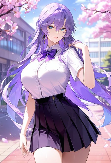 masterpiece, best quality, amazing quality,cantarella, blue eyes, purple hair, hair between eyes, purple under eye one facial mark,1girl, long hair, breasts, solo, large breasts,school uniform,pleated skirt,white shirt, black skirt, purple bow,short sleeves, parted lips, light smile, standing, looking at viewer, cowboy shot, blurry background, outdoors, school, cherry blossoms  <lora:cantarellaV1:0.8>