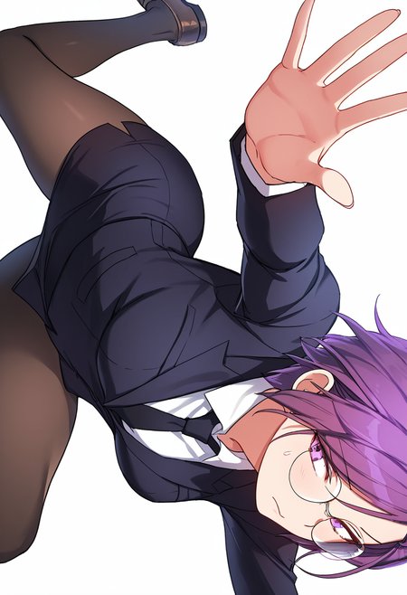 Smooth Quality,masterpiece,very intricate, high quality details, ultra realistic, high detailed skin,detailed enviorement,absurdres,
simple background, white background, dancing,skindentation, solo,sideways,open hand,
 <lora:Doyoon_Kang_CNR:0.8> doyoon_cnr, 1girl, purple hair, short hair, bangs, purple eyes, glasses, round eyewear,frown,doyoon_uniform_cnr,suit, jacket,white shirt, collared shirt, black necktie, pencil skirt, black pantyhose,loafers,, nervous,, ;),