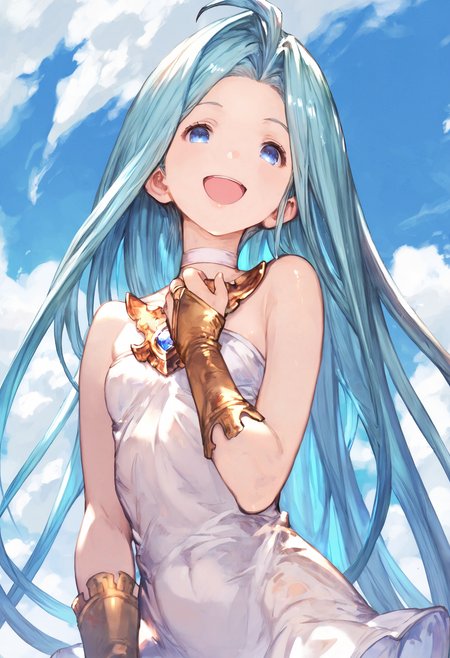 score_9, score_8_up, score_7_up,score_6_up, source_anime, best quality, masterpiece,
scenery, blue sky, shiny skin,
1girl, solo, smile, open mouth, looking at viewer,
Lyria (Granblue Fantasy), long hair, blue hair, (skinny:1.2), small breasts, white choker, white cami-dress, bare shoulders,  strapless, bridal gauntlets, miniskirt,
(clear eyes:1.3), <lora:Lyria-Pony:0.8>  <lora:IshikePony:0.3>