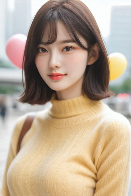 <lora:KimA-won-000001:1>, a stunning real large breasts Japanese woman with long, flowing dark hair, her piercing gaze directly addressing the viewer. balloon, sweater, brown eyes, looking at viewer, blurry, realistic, long sleeves, upper body, blurry background, lips, closed mouth, bangs, indoors, nose, depth of field, Realistic photograph, Movie light, film grain,score_9, score_8_up, score_7_up, 4k, high quality, (best quality:1.1), realistic, photorealistic, close-up, upper body, (ultra HD quality details), yellow sweater,