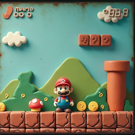 (analog rainy film still taken on polaroid film, vhs footage low quality, Analog distortion effect, Retro video quality) 

A side-scrolling Mario game level made entirely from lumpy, handcrafted clay. The pixelated 8-bit world has been transformed into squishy, uneven textures, with every element—from the ground to the iconic question blocks—sculpted from multicolored clay. Mario, also crafted from clay, stands awkwardly at the beginning of the level, his rounded limbs and uneven mustache giving him a playful, clumsy look. The pipes, coins, and Goombas are similarly rough and imperfect, adding to the charm of the scene. The game’s interface is visible, with a classic score counter at the top left, “MARIO” written in blocky letters, along with a coin count and timer ticking down in the right-hand corner. The whole level has an endearing, low-quality feel, blending the nostalgic pixel art with the tactile, squishy texture of clay animation.

(analog rainy film still taken on polaroid film, vhs footage low quality, Analog distortion effect, Retro video quality) 