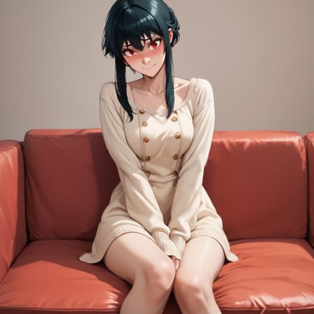 score_9, score_8_up, score_7_up, score_6_up, score_5_up, score_4_up, rating_questionable, Yor, black hair, red eyes, sitting on a couch, embarrassed smile
