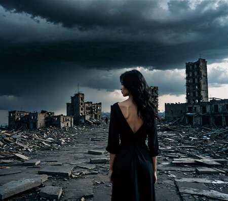 elegant black hair, torn cityscape, hadanugi dousa, hands behind body, stormy weather, ominous lighting, desolate landscape, black elegant hair, decaying buildings, a tumultuous storm looms over the horizon casting ominous shadows across this desolate scene, the composition conveys both isolation and resilience against a backdrop of decaying structures