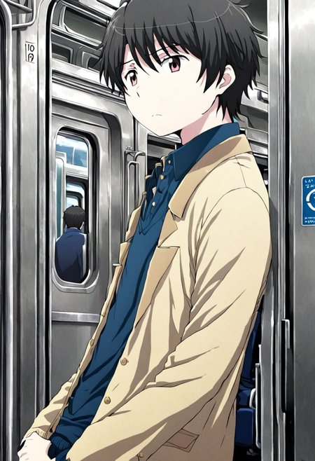 high resolution, solo, best quality, 1Boy, Inaho Kaizuka, Black Hair, train, inside train, OverallDetail