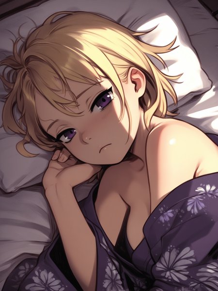 <lora:happy_tentacle-lovebeat-v0.2-000036:1>, ht_lovebeat, blonde hair, purple eyes, yukata , 1girl, solo, , , ( exhausted :1.2), , looking at viewer , lying , facing viewer , score_9, score_8_up, score_7_up, score_6_up, score_5_up, score_4_up