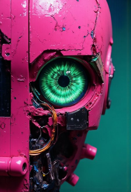 Capture an extreme close-up of a Formicapunk-inspired cyborg’s left eye, encased in glossy, colorful plastic with blocky geometric accents. The eye itself glows with a faint green CRT-like hue, pixelated patterns scrolling across its surface like a retro computer screen. Surrounding the eye are sleek, angular panels with faint scratches and wear, reminiscent of 70s and 80s industrial design. Hints of exposed wiring in bright primary colors peek through the seams, evoking a tactile, analog futurism. The background is a gradient of neon pink and teal, softly blurred, with glowing gridlines faintly visible, creating a retro-futuristic atmosphere steeped in nostalgia.