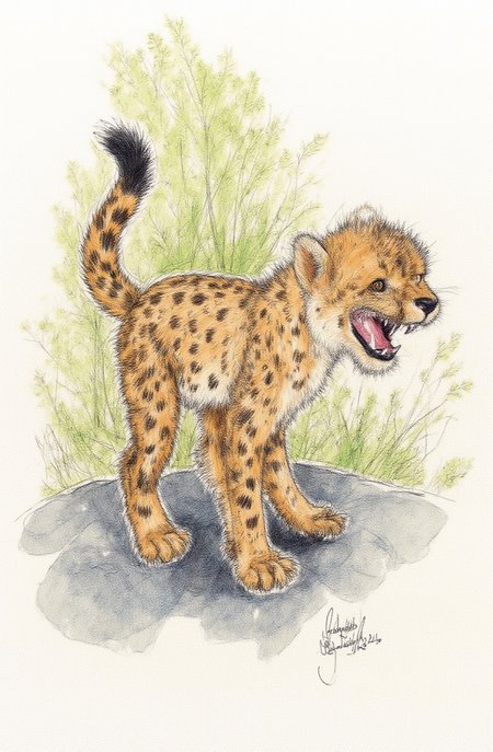 Sharp image of a rough sketch, rendered in vibrant multi colour ballpoint pen, capturing the adorable features of a cheetah cub standing on a rock. The cub is facing towards the right side of the image and its mouth is open wide, showing its sharp teeth. Its fur is a light brown color with darker spots, and its tail is curled up behind it. The background is blurred, but it appears to be an outdoor setting with trees and foliage.  p3nsk, <lora:p3nsk:1>