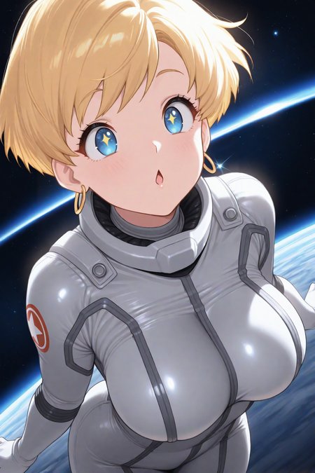 masterpiece, best quality, 1girl, solo,  <lora:erasa-illu-nvwls-v1-000006:1> er4sa, blonde hair, short hair, blue eyes, large breasts, hoop earrings, grey bodysuit, floating, outer space, chestnut mouth, space suit, stars