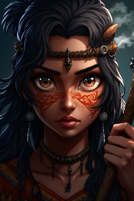 A close-up portrait of a tribal shamaness, her face adorned with layers of worn, painted patterns in shades of ochre and deep red. Her gaze is intense and unwavering, her bright amber eyes reflecting ancient campfires. Feathers of black and grey hang from a twisted leather circlet, swaying slightly in the breeze, while behind her, faint shadows of writhing spirits can be glimpsed through a thick, curling smoke. Her lips are pressed together in silent concentration, and the gnarled staff clutched in her hand has fragments of obsidian embedded in it, glinting ominously in the moonlight.<lora:Videogame_Cartoon_Flux><lora:detailed_flux_ntc:2.2><lora:aidmaImageUpgrader-FLUX-V0.1:0.65>