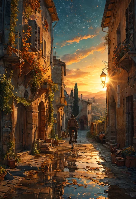 A starry night ride through Tuscany Italy during the golden hour in autumn, highly detailed, concept art, trending on art station <lora:add-detail-xl:1> <lora:MJ52:0.5>