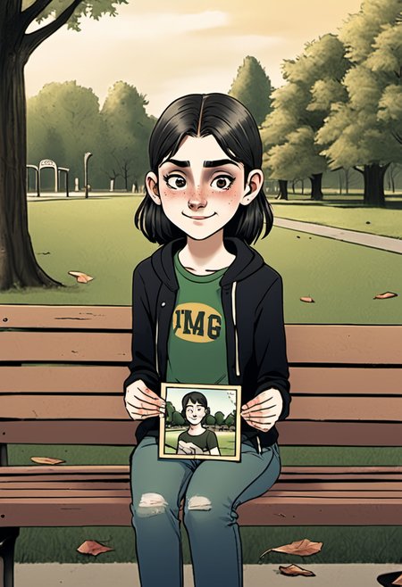 <lora:InfiniteTina:.5>A 14-year-old InfiniteTina holding a broken picture frame staring at it longingly on a park bench.