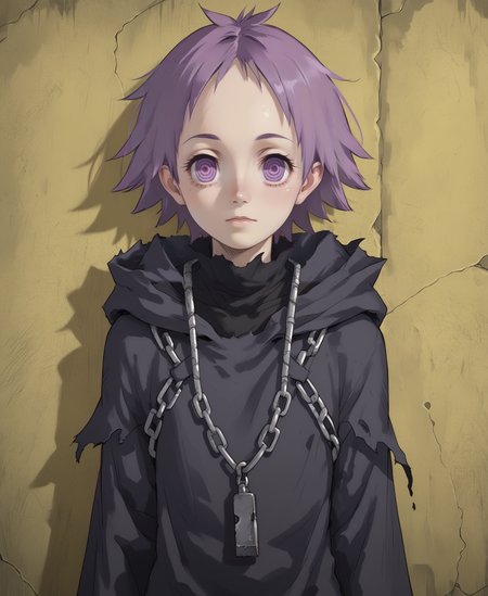 (score_9, score_8_up), score_7_up, score_6_up, best quality, standing, portrait, close up,
<lora:ebisu:1>, solo, 1girl, 
3bisu, purple hair, short hair, purple eyes, ringed eyes, 
slim:1.2, slender, petite:1.3,
short, skinny, androgynous, 
 <lora:Curse_Maker_Etrian:1>
pale skin, short hair, cloak, torn clothes, hood, hood up,  chain, shackles, bandages, black bandages,