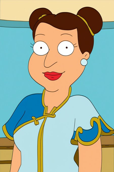 <lora:Family_Guy_Style_Pony_XL:1>(((familyguy))), 1girl, solo, chunlisdxl   66 1girl   66 hair bun   66 double bun   66 jewelry   65 solo   61 earrings   58 brown eyes   56 makeup   52 breasts   46 brown hair   46 chinese clothes, smiling, (((round eyes))), round pupils, even eyes, looking at viewer, (((small pupils))) <lora:chunliSDXL:1>