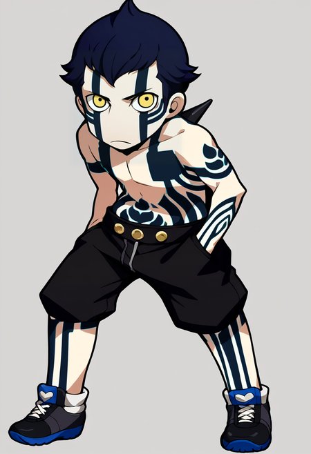 score_9, score_8_up, score_7_up, source_anime, BREAK, solo, 1boy, looking at viewer, <lora:PQ-Style-pdxl_Fp:1>, simple background, full body, chibi, standing, <lora:smtiii_demi-fiend_ponyXL:1>, demi-fiend, full-body tattoo, topless male, black shorts, standing, hand in pocket,