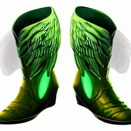 <lora:MagicItem_v1-000002:1> boots of wind, winged boots, green glow, fits in frame