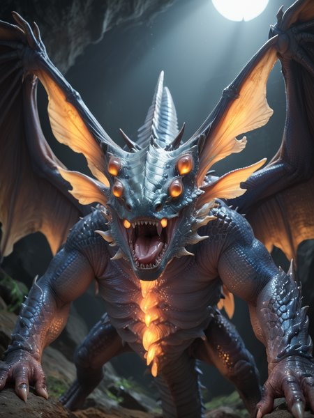 <lora:MH_XenoJiiva_a1_7_PonyXL:0.9>, score_9,score_8_up,score_7_up, nature photography, (extreme closeup, extreme portrait:1.5), head focus
xenojiiva,feral,by zackary911,by syuro,by hanuvo,solo,hi res,detailed background,cave,orange eyes,no sclera,
shiny wings,raised tail,multi eye,open mouth,standing ,frontview, low angle shot, (glowing:1.8) chest,
, bloom, subsurface scattering, sharp hyper detailed, (dark lighting:1.5), dark dramatic lighting, (shiny metallic skin:1.2), (ultra-detailed small micro scales), bright highlights, <lora:RM_Enhancer_v1.0_bf16:.1>  <lora:p:.2> <lora:Add_More_details_SD3:.5> ,