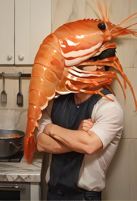 score_9, score_8_up, source_anime, face hug, on shoulders, shoulder carry, carrying, arms on head, kitchen <lora:ChamFaceHugPonyXL:0.55>,
BREAK from behind, shrimp <lora:pony_shrimp:0.8> 
BREAK chef, chef hat