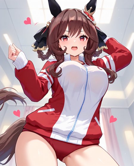 score_9, score_8_up, score_7_up, 1girl, (looking at viewer:1.2), (open mouth:1.0), nervous,, , heart background,, (Dancing in a hip hop style:1.2),, (from below:1.2),
gentildonna \(umamusume\), <lora:pony_gentildonna_v1.01:1>, horse ears, horse tail, breasts, (large breasts:0.7), (brown hair:0.5),
<lora:_sdxl-um-tracenjersey-pony:0.6>, red jacket, track jacket, , tracenjerseyburuma, red buruma,,,