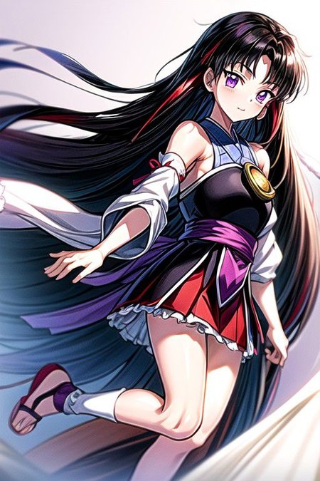 masterpiece,  best quality 1girl Setsun4 solo long hair,  (night time) forest background black hair very long hair purple eyes multicolored hair armor (fur trim) (medium body),<lora:EMS-179-EMS:0.800000>,<lora:EMS-293862-EMS:0.800000>ascot, bare shoulders, black footwear, detached sleeves, embellished costume, frills, japanese clothes, nontraditional miko, red skirt, sandals, sarashi, skirt, socks, armor, miko