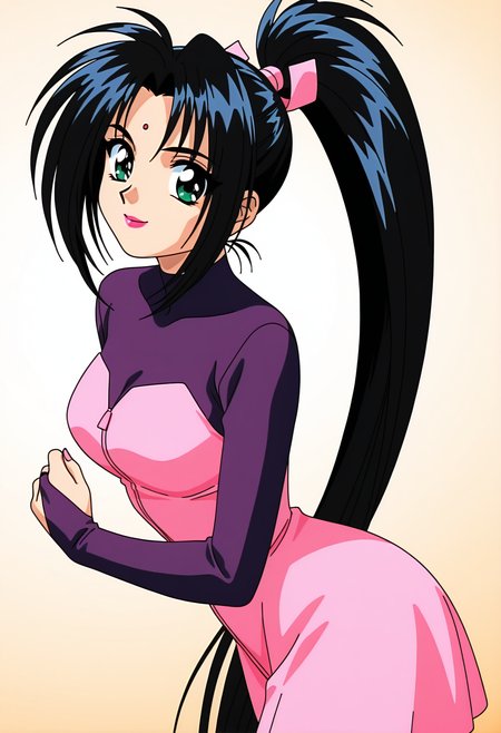 masterpiece, best quality, amazing quality, 1girl, solo, 1990s \(style\), retro_artsryle, anime coloring,
<lora:noburu_lot8ds_v01:0.8>, noburu_lot8ds, black hair, very long hair, high ponytail, parted bangs, red bindi, green eyes, lipstick, breasts,
pink hair ribbon, purple bodysuit, pink dress, pink zipper, bridal gauntlets, posing, (smile:0.7)