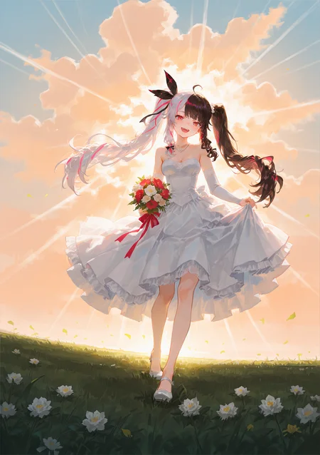 (quasarcake:0.8), (reoen:0.8), arutera, soresaki, zPDXL3 Real score_9, score_8_up, score_7_up, score_6_up source_anime, highly detailed, sharp, intricate details, rating_safe rating_sensitive, rating_explicit, masterpiece, best quality, good quality, bright eyes medium breasts, light particles lens flare
absolutely eye-catching absurdres highres newest dynamic pose anime screencap official anime artwork amazing quality light rays
smile, head tilt, open mouth,
 looking at viewer, full body
outdoors, (wedding dress:1.2), white bridal gauntlets, piercing, necklace, jewelry, bouquet flower, meadow,
 dynamic pose,dynamic angle,
YorumiRenaNijisanji twintails
multicolored hair, red eyes, black hair, ahoge, hair ornament, streaked hair, split-color hair, white hair, bangs, very long hair, braid, two-tone hair, hair ribbon,
 <lora:kp_YorumiRenaNijisanji1stCostumeIllustrious_v1_0:0.7>
<lora:nhl-001-20:0.5> film grain multicolored background  realistic
 <lora:nyaliaXLillokrV6311P:0.5>
<lora:xilmoforill:0.5>