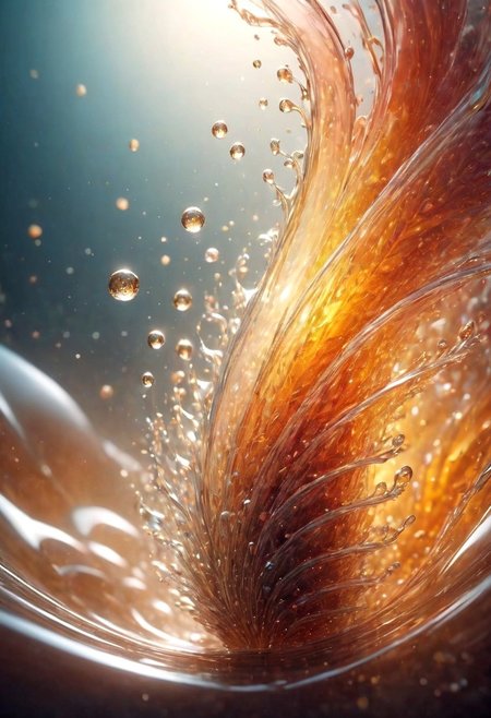 An abstract shape, amazingly fluid, made of glass, detailed, 3d fractals, light particles, water drops, shimmering light, surreal, ink, smooth, shimmering, glow, cinematice contrast, Glow, 
16k