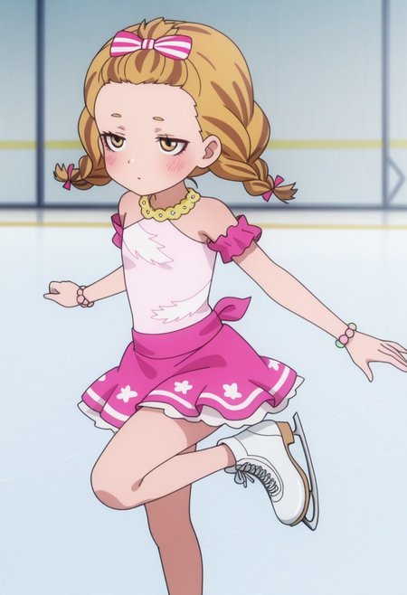 Masterpiece , best quality , amazing quality , anime screencap   ,a girl , leg up  , kkana    , , skirt , dress  ,twin braids  , ice skating   , ice skater  , blonde  ,