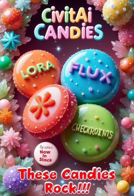 a marketing poster for candy rock sweets with text "CivitAI Candies" made out of auraquartz  <lora:Flux_Auraquartz:1>. the poster is made of a variety of colourful decorations with the text "These Candies Rock!!" written in red text on the bottom of the design. A circular star shaped object at the bottom left of the poster reads "Now In Stock". A red sweet with text "LORA" in green, a blue candy with text "FLUX" in purple, a green sweet with red text "CHECKPOINTS", background is a crystal cavern wonderland made of auraquartz