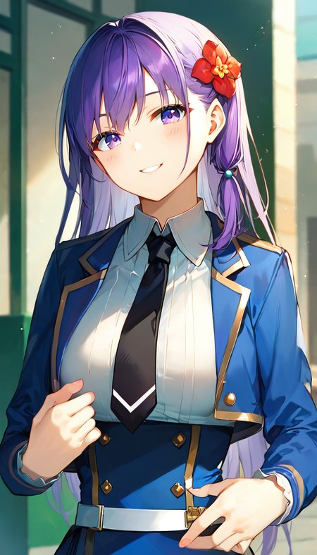 score_9,score_8_up,score_7_up,score_6_up BREAK official art,solo,outdoors,cowboy shot,upper body,(portrait:1.5),looking at viewer,facing viewer,smile,blush,Elfine Phillet,long hair,purple hair,side braid,hair ornament,hair flower,sidelocks,bangs,purple eyes,blue jacket,cropped jacket,open jacket,wing collar,black necktie,white shirt,collared shirt,dress shirt,long sleeves,medium breasts,double-breasted,white belt,blue skirt,high-waist skirt,pleated skirt,frilled skirt,brown pantyhose,loafers,black footwear,<lora:Elfine Phillet(sgmt)-Pony:1.4>,