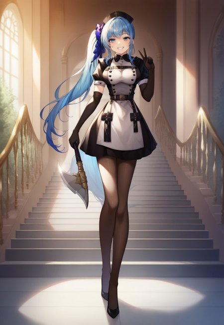 safe_pos, score_9, score_8_up, score_7_up, score_6_up, masterpiece, high quality, 1girl, tall_girl,long_legs, Beautiful Finger,<lora:Hand v3 SD1.5:1>, Hand, Perfect hand, Detailed hand, perfect face, expressive eyes, perfect balance, detailed face, perfect lighting, newest, best quality, absurdres, highres, very aesthetic, Colorful, eyebrows visible through hair, SimplePositiveXLv2, full view, 200 cm tall, full body, full body shots, cowboy shot, looking at viewer, looking down, 1girl, HoshimachiSuisei, side ponytail, long side pony tail, blue hair ribbon, SuiseiMaid, long hair, black nurse cap, double-breasted grey apron, chest belt, elbow gloves, crinoline, black pantyhose, high_heels, very long legs, narrow waist, elegant, light smile, indoor, in a grand castle, luxury palace, scenery, looking at viewer, grin, walking down stairs, stairs, holding long axe, hunter's axe, walking