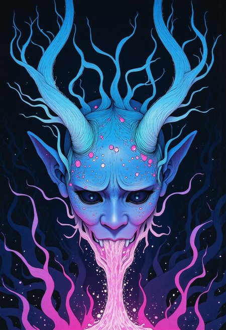 Studio Ghibli Dark Fairytale depicting a cursed hannya mask with horns and fangs blooming out of a blue lotus in a liminal bonsai garden with eerie radiating cyan and magenta miasma