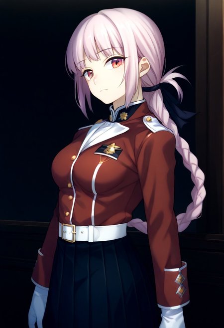 (zPDXL3), 
(zPDXLxxx), 
1girl, 
solo,
nightingale, red eyes, light pink hair, long hair, blunt bangs, braid, low hair ring, black ribbon, hair ribbon,
military uniform, red jacket, belt, white gloves, black skirt, pleated skirt, white pantyhose, white knee boots,
side view, 
bust up,