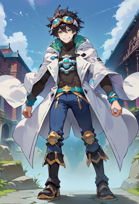 score_9, score_7_up, source_anime, BREAK  <lora:Taiki Dendro:0.9> taiki, art, blue theme, black turtleneck,, solo, smile, 1boy, green eyes, short hair, black hair, bangs, hair between eyes, messy hair, (goggles on head:1.2),, headband, white coat, hooded coat, hood down, open coat, turtleneck, capri pants, pants, black knee boots,