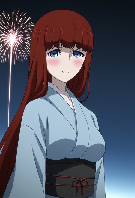 rating_safe, Ultra-high-detailed Anime illustration of Kagari Shiina from Anime Steins;Gate 0. The artwork features Kagari in a solo, standing position with a outdoors, flield and background, background in the night sky. night time. night.
She is depicted with intricate details showcasing her large breasts, natural_breasts. She is a white skinned, 22 years old woman. Kagari is looking_at_viewer with perfect_eyes, Her pupils are highly detailed. The eyes are open. blue eyes. Kagari's eyes are highlighted. Highlighted eyevrows. 
She has long hair, red colored hair, styled in blunt bangs and floating hair.
She is wearing a blue kimono and black shoes. japanese kimono, kimono.
The artistic style is intricate_details_xl with a focus on Anime art. The color palette emphasizes red and black with detailed strokes to bring out the character's features. The lighting creates dramatic shadows and highlights, adding depth to the artwork. The perspective is from a face focus, dutch angle to enhance the impact of the character's expression. This masterpiece is a true portrayal of Kagari's complex personality and will captivate any fan of Kagari. uncensored, upper body, blushing, smile, Kagari Shiina,
perfecteyes,
<lora:Steins_Gate:1>
kimono
happy new year!, Happy New Year fireworks, Happy New Years