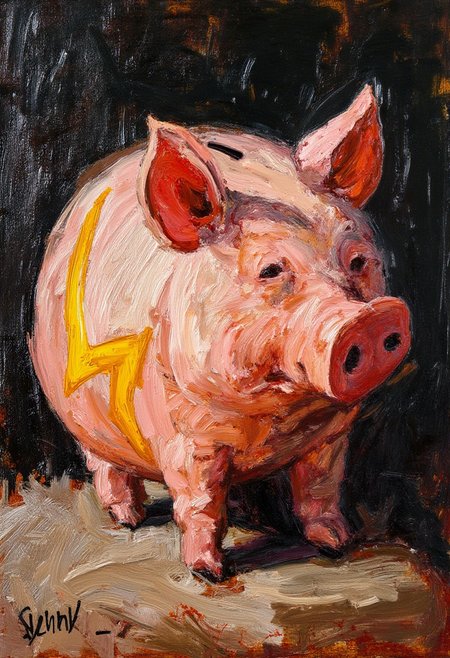 messy and wild abstract painting. Extremely thick paint texture 3d impasto. painterly piggybank, with a yellow lightning  symbol on the side. A coin slot on the top of the pig, the lightning bolt is sharp and yellow. Creamy thick impasto painterly. High contrast, gritty and moody. Expressionist painting by artist Helmer Osslund, with expressive brushstrokes. Dark background with high contrast, highlights on the oil paste