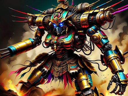 <lora:CulturePunkAI_1Pruned:.9> JavaPunkAI  battle mech  Highly detailed, amazing, Impressive lighting, vibrant colors, Ultra Realistic, High quality, Highly detailed, trending on artstation