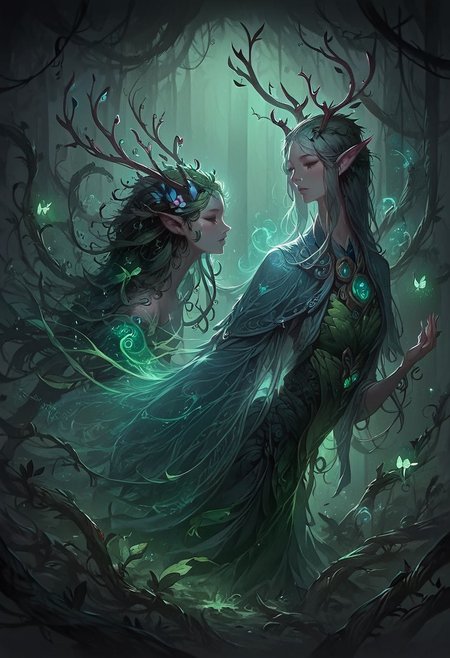 score_9, score_8_up, score_7_up,   realistic, side view,  detailed background, 
spirits, plants, magic spirit in the air, concept art, expressiveh, m0n0n0k3, Spirit Animal, mystical forest,
beautiful girl, green toga, vines, vines growing on her body, pointed ears, small antlers horns, dryad,