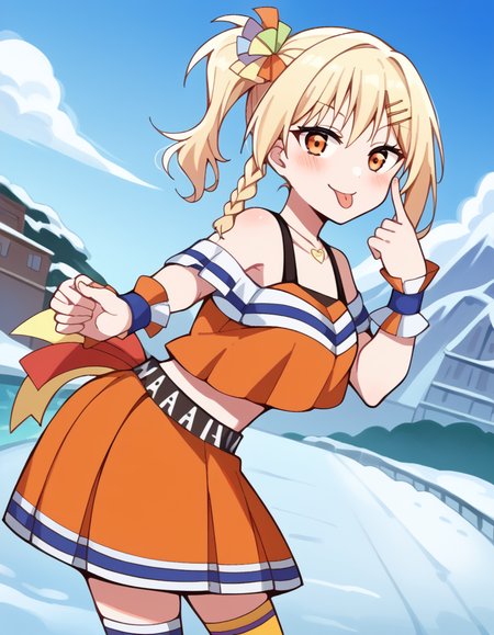 score_9, score_8_up, score_7_up, source_anime, <lora:ai-miyashita-saikou-heart-mv-ponyxl-lora-nochekaiser_r1:1>, ai miyashita, bangs, blonde hair, hair ornament, orange eyes, braid, sidelocks, medium hair, side ponytail, orange eyes, french braid,, skirt, thighhighs, jewelry, collarbone, necklace, off shoulder, tank top, wristband, cheerleader, pom pom (cheerleading), orange skirt, gyaru, heart necklace, glacier, ice, cold, blue, snowy, smile, <lora:akanbe-ponyxl-lora-nochekaiser:1>, akanbe, eyelid pull, finger to eye, tongue out, :p, tongue, ;p, blush, leaning forward, bent over, from side,, looking at viewer, solo,, dutch angle, cowboy shot