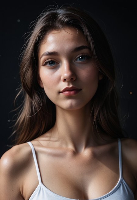 score_9, score_8_up, score_7_up, Expressiveh, masterpiece, high quality,realistic, raw lighting, detailed, (cool colors, bokeh, Natural skin) BREAK
50mm lens, f/8, 1girl, solo, long hair, photo_\\(medium\\), black background, realistic, 18yo, (dim, dark, low light, underexposed, low contrast:1.0), dynamic pose, beautiful petite 18-year-old Canadian woman, (light Blue eyes,nose piercing,long chestnut straight hairs,Beachy Waves cut, effect ,Bitter expression, Tight lips, narrowed eyes, furrowed brows:0.6), looking at viewer, seductive expression, bare_shoulders, medium shot, medium breasts, sexy figure, wearing a low cut top, (soft body, thicc:1.2)
BREAK
shallow depth of field, bokeh background, dynamic angle, volumetric lighting, black background,(vibrant colors, good lighting).