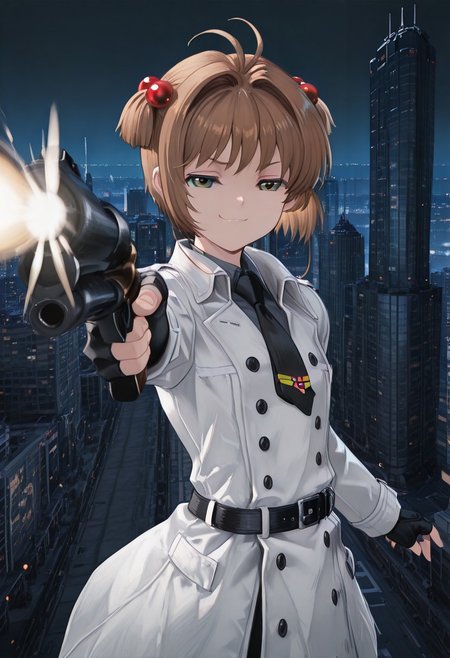 solo, 1girl, kinomoto sakura, 
brown_hair,
short hair,
antenna hair,
hair bobbles,
white trench coat,
black_gloves,
collared_shir,
gloves,
green_eyes,
fingerless_gloves,
black_necktie,
black necktie,
grey_shirt,
jacket,
white_jacket,
long_sleeves,
black buttons,
collared_shirt,
black belt, 
holding custom-made shotgun, aiming at viewer, 
masterpiece,
Energetic Pose, cinematic angle, on top of skyscraper, night, city lights can be seen, firing gun, smug face