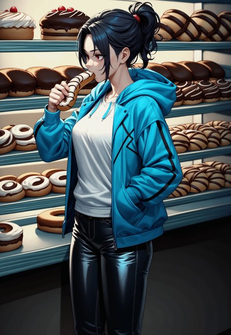 PonyXLV6_Scores BREAK prcl3nm1x,(animated Elezen:1.3), (red and black hair:1.2), (neon hooded jacket:1.3), (white shirt:1.1), (leather pants:1.2), (eating a pretzel:1.3), (bakery setting:1.5), (Eorzea:1.4), (dynamic pose:1.2), (vibrant colors:1.2), (clean lines:1.5), (minimal shading:1.0), anime style, stylish details, cozy atmosphere