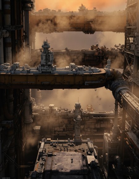 By Paul Chadeisson. A photo-realistic shoot from a low angle about a futuristic industrial environment, featuring a large industrial plant with pipes, machinery, and silhouettes of people. the image also shows a dense foggy atmosphere with steam rising from the pipes and machinery. on the left side of the image, a group of people can be seen standing amidst the industrial structures, which appear to be tall and imposing, with metal structures, pipes, and cranes. they are silhouetted against the warm, orange and yellow hues of the setting sun, creating a sense of depth and dimensionality. the scene is set in an industrial setting, with a smoky and industrial atmosphere.