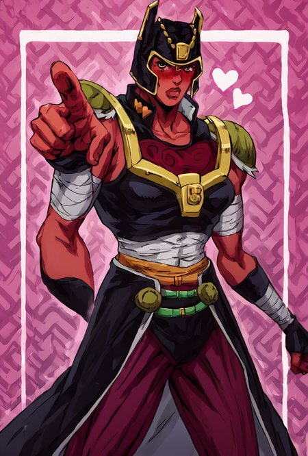 score_9, score_8_up, score_7_up,,  good quality ,, character focus, solo, , best quality ,    <lora:looma-09:1.1>  looma, solo, red skin, armor, 1girl, bandages, shoulder armor, helmet, horns,   white borders, simple background, pink background, blushing, abstract background, hearts, steam,  <lora:Expressive_H:1> Expressiveh   <lora:Jojo:1> <lora:jotaro-kujo-pose-ponyxl-lora-nochekaiser:1> jotaro kujo pose, kujo jotaro's pose (jojo), jojo pose, pointing, pointing at viewer