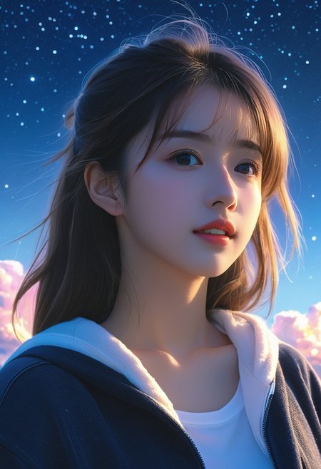 1Girl,(beautiful face:1.1), blushing | (orgasm), looking at viewer,cozy anime,starry,strry light,night,colorful,cloud,star \(sky\),
,Ultra-realistic, masterpiece, Ultra Sharp,(best quality:1.2),photorealistic,ultra-realistic photo,highly detailed,film grain,Fujifilm XT3,