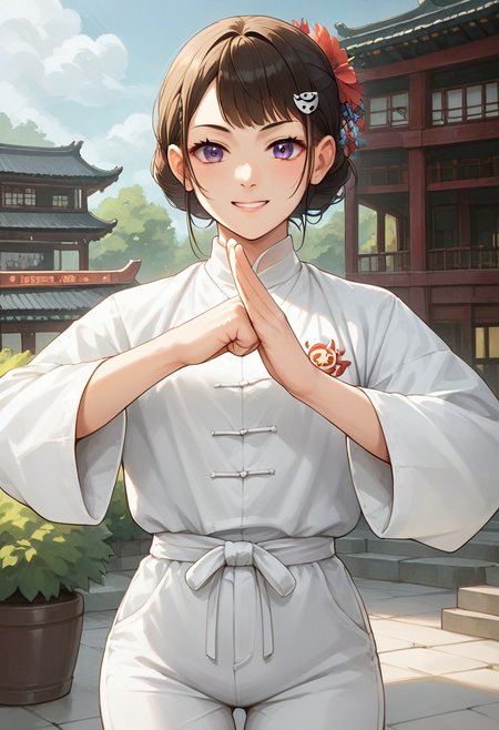 (fist-palm salute:1.5), score_9, score_8_up, score_7_up, source_anime, ultra detailed, 
Generate a picture of a girl making fist-palm salute in a big garden in front of a big traditional Chinese building,  (fist and palm folded in front), front view,  she is wearing a yin_yang_print robe, white pants, barefoot, looking at viewer seriously with light smile,
The girl is a teenage with (yellowish skin), has (medium brown hair) with bangs, tender and slender body with small breasts, narrow waist, she has (purple eyes), wearing hairclip and hair flower, 
 <lora:cocoaHoto_XL-Pony_LoRA-C3Lier_8-8-8-8_AdamW_Un3e-4_Te1.5e-4_10batch:1>,<lora:fist-palm_salute_Pony-000008:0.8>
