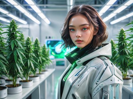 masterpiece,high quality,
420futurism,    <lora:420FuturismXL:0.8>
1girl,,close up,solo,female focus,looking at viewer, coat,futuristic, lab backround, indoors, plant,